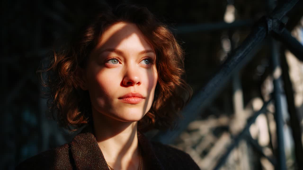 A contemplative moment captured in soft light, showcasing a young woman's expressive face, framed by intricate shadows that dance across her features, highlighting her deep blue eyes and natural beauty