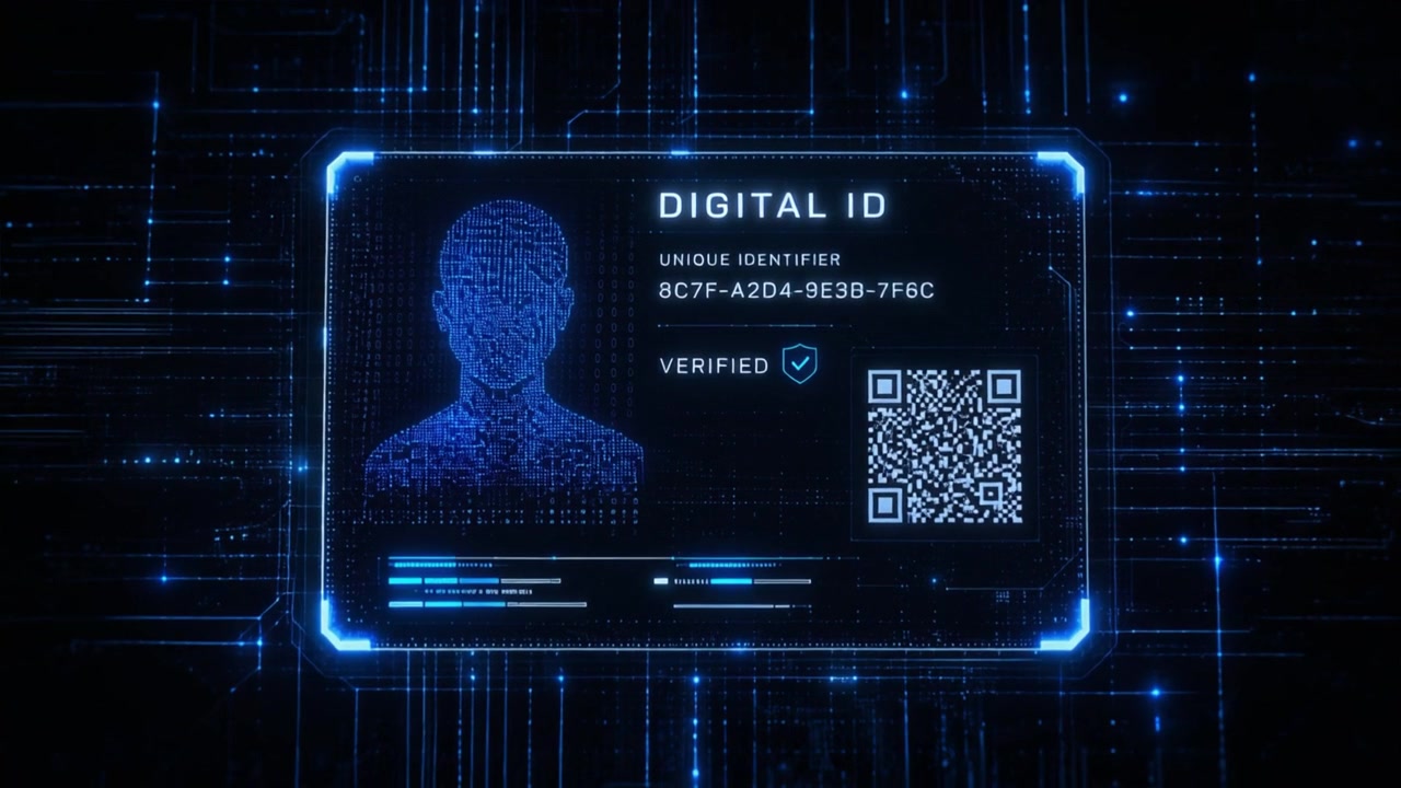 A câmera se afasta lentamente em uma renderização 3D de um cartão de identificação digital conectado a uma intrincada rede de computadores