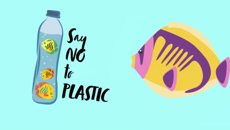 Animation-of-no-plastic-text-over-bottle-and-fish