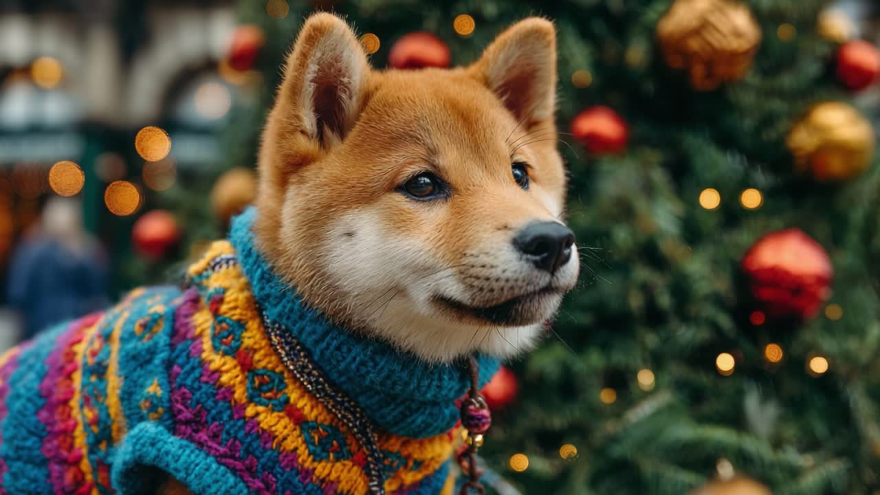 Adorable Shiba Inu Dog Dressed in a Colorful Sweater Next to a Festively Decorated Christmas Tree Filled with Ornaments and Lights