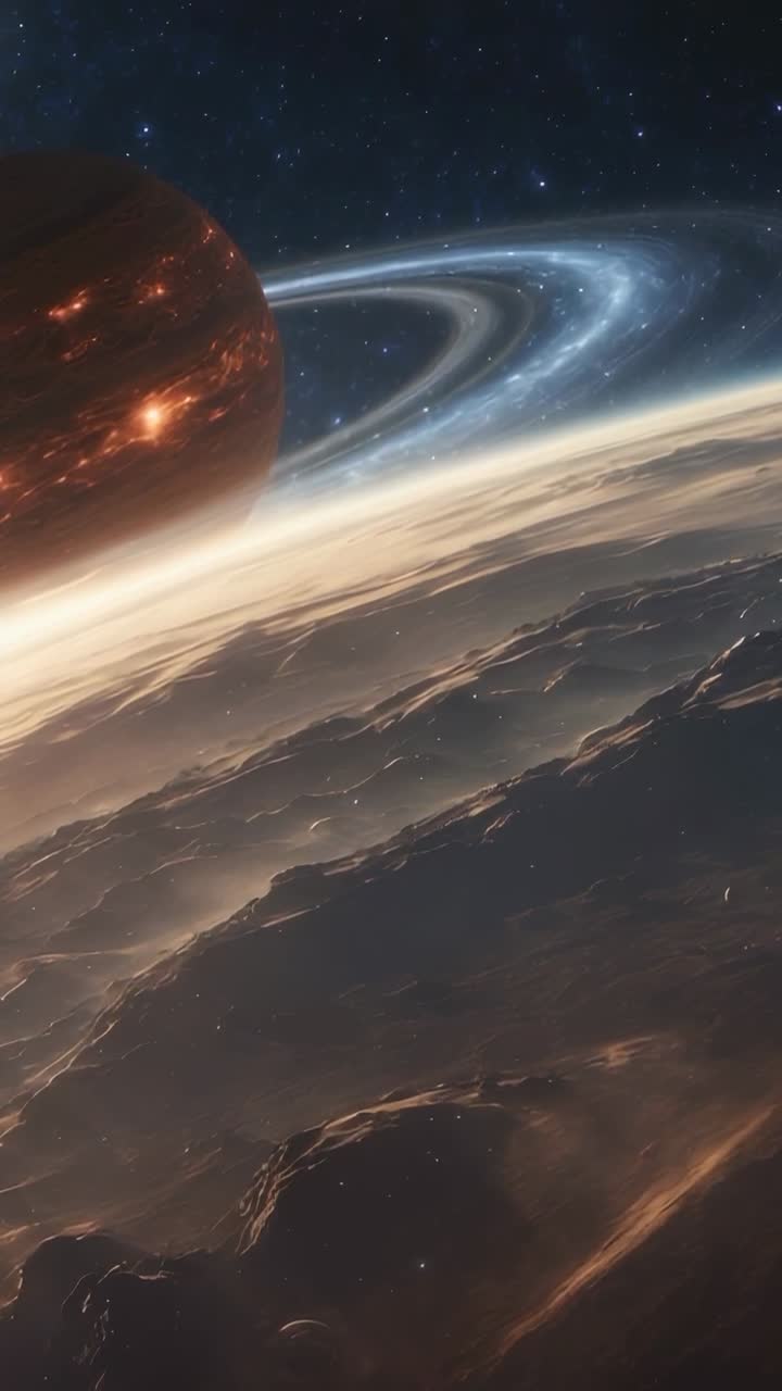 Vertical video: Emerging red gas giant casting molten glow on rocky planet surface, with icy rings