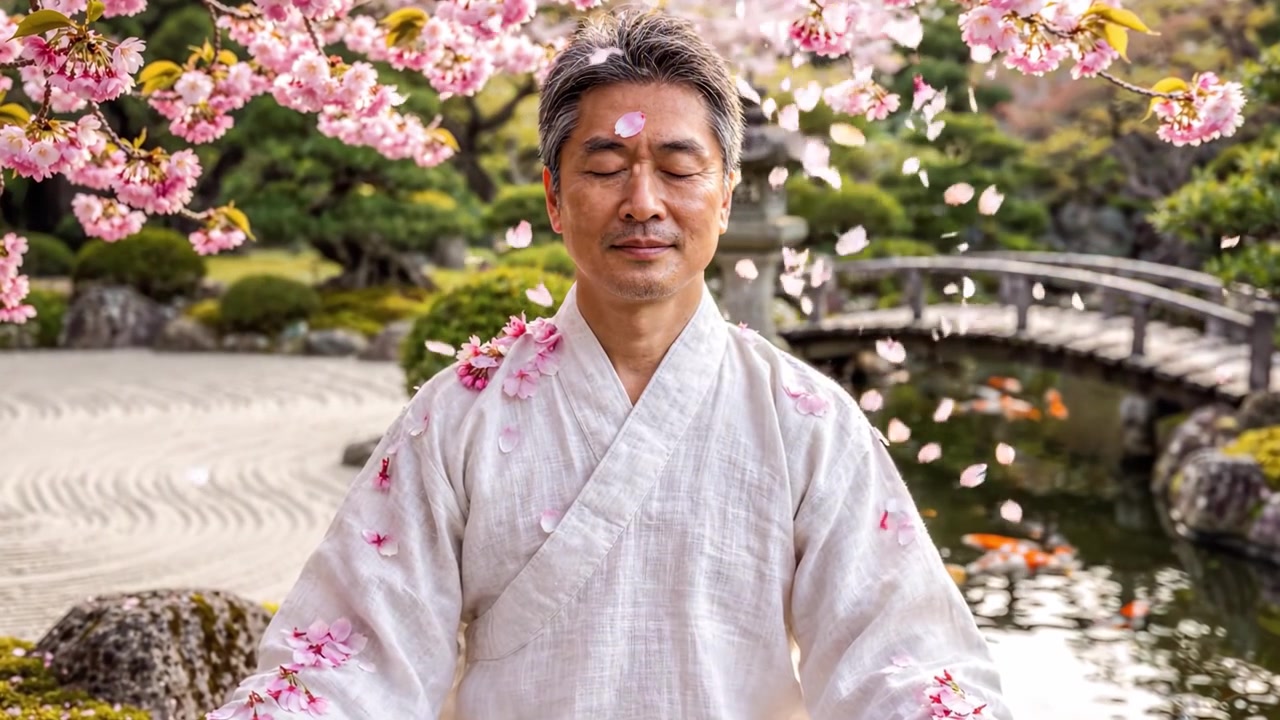 Un momento sereno di meditazione: abbracciare la tranquillità tra ciliegi in fiore in un'incantevole cornice di giardino zen.
