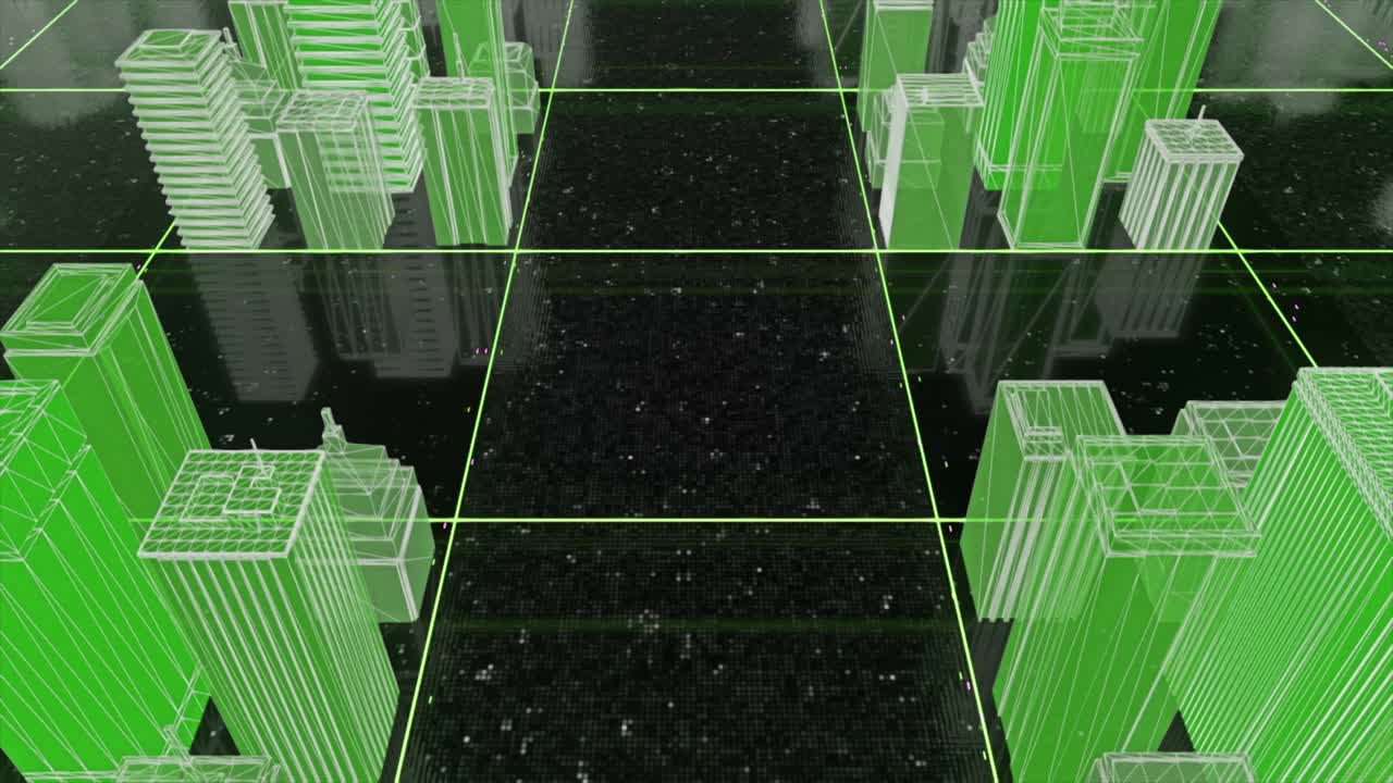 색 별을 가진 검은색 배경에 녹색 색의 3d 도시 와이어 프레임. - 추상적인 사각형 표면에 네온 건물