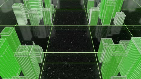 wireframe de ciudad 3d de bucle sin costuras de color verde en un fondo negro con estrellas blancas. animación. edificios de neón en la superficie cuadrada abstracta