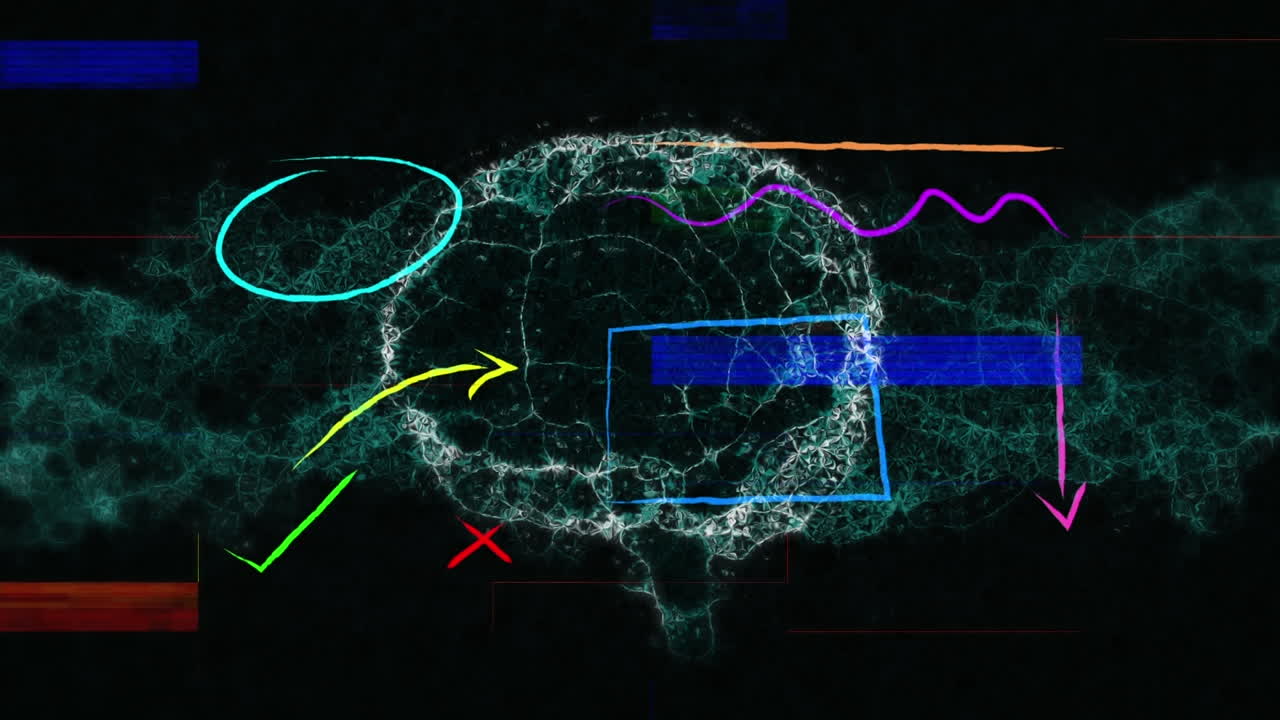formas abstractas coloridas y luces contra el cerebro humano girando sobre un fondo gris