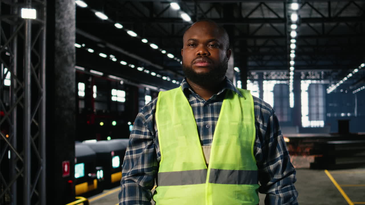 African american plant engineer stands near steel machinery during construction