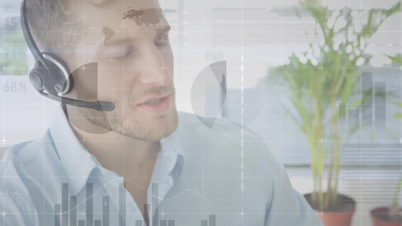 animación de procesamiento de datos financieros sobre hombre de negocios caucásico con auriculares de teléfono