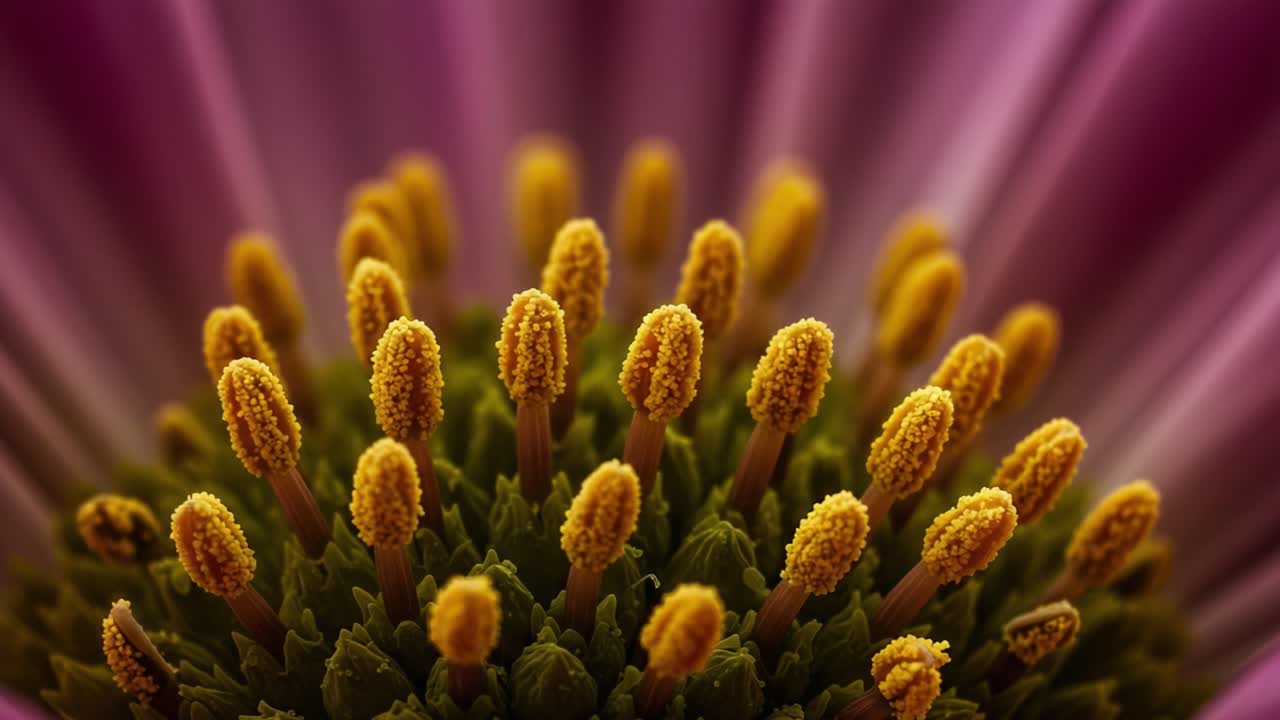 A Close-Up View of a Vibrant Flower's Stamen and Pollen: An Intricate Look into Nature's Floral Design Highlighting Colors and Patterns