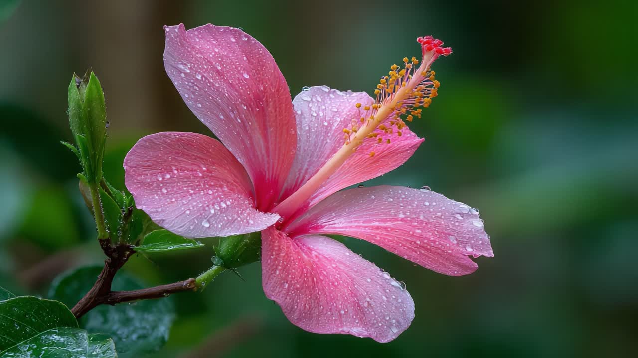 Incantevole Fiore di Ibisco Rosa con Goccioline di Rugiada che Mostra la Bellezza Naturale su uno Sfondo Verde Lussureggiante, Esalando Freschezza e Vivacità