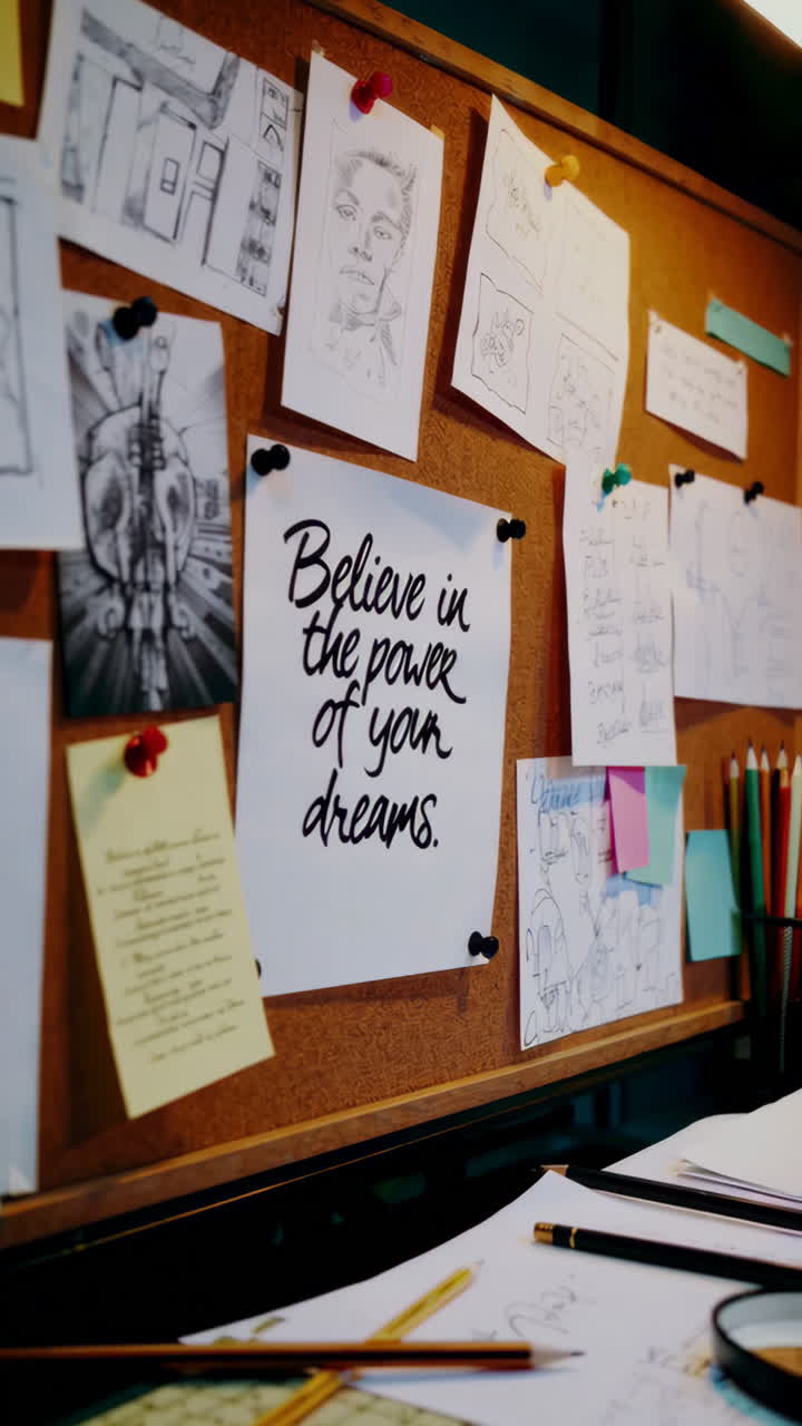 Motivational Corkboard with Sketches and Notes