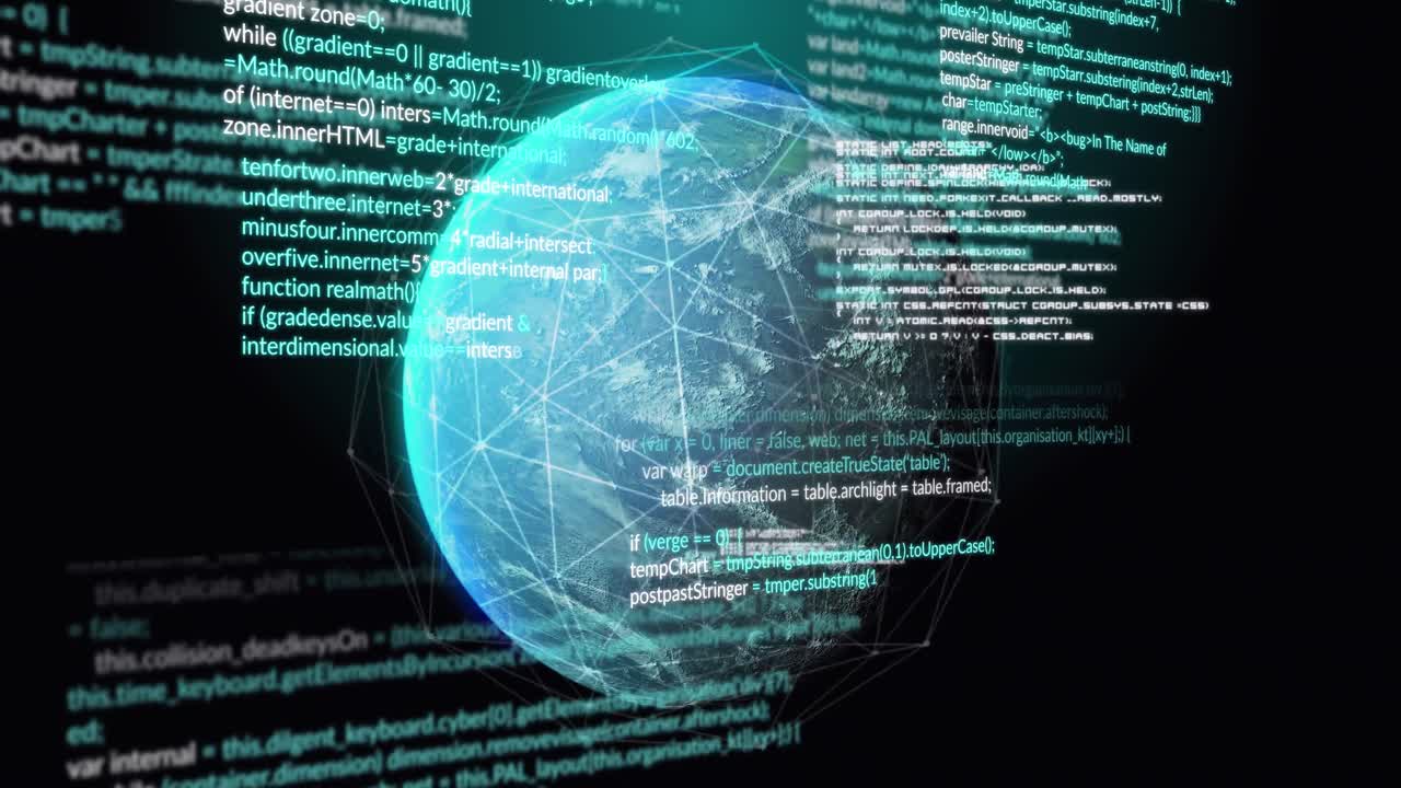 Animation of data processing and network of connections over spinning globe on black background