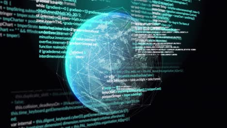 animation of data processing and network of connections over spinning globe on black background