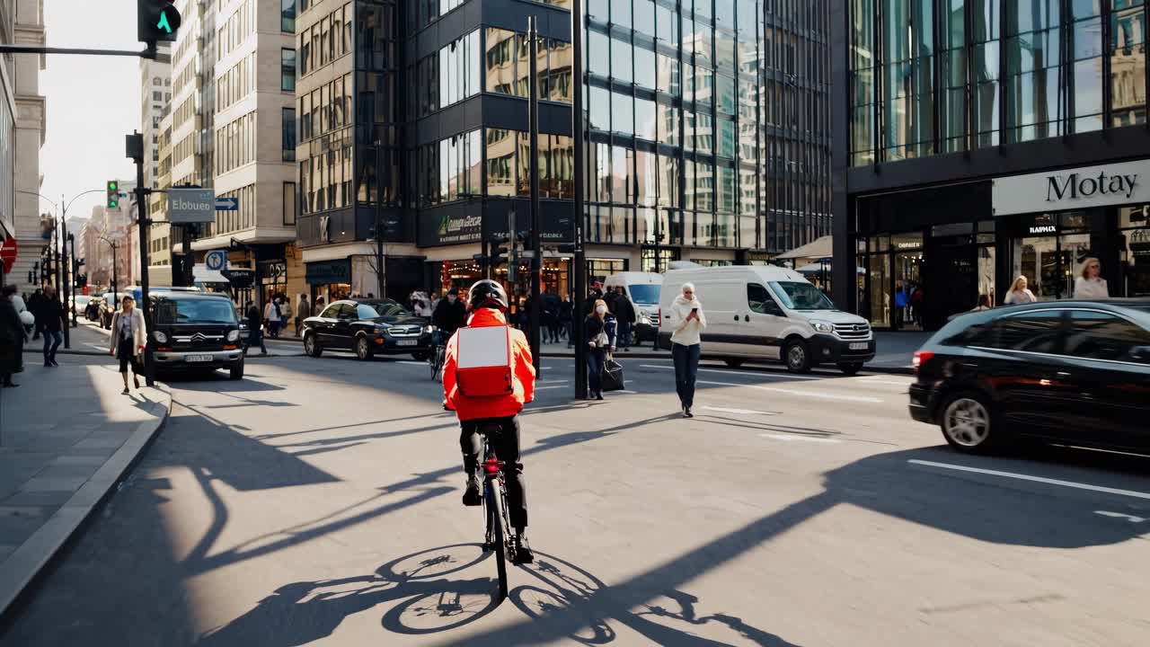 Bike messenger carrying thermal backpack weaving through bustling downtown street, skillfully navigating heavy traffic and pedestrian filled urban landscape during daylight hours