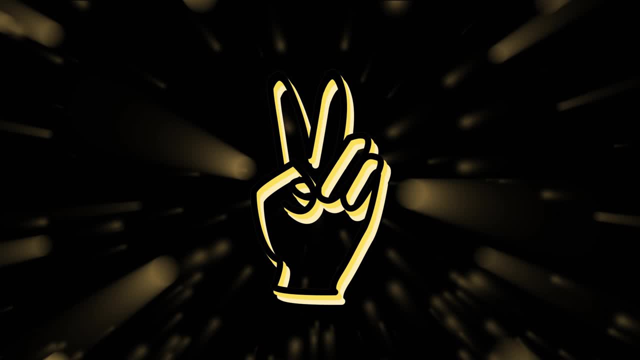 Radiating gold streaks sparking neon hand morphing into V pose cycling neon hues for dynamic rhythm