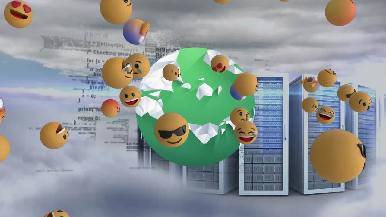 múltiples emojis de cara flotando sobre el globo giratorio y servidores de computadora contra nubes en el cielo