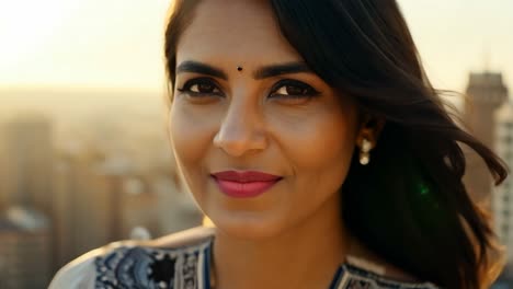 portrait of a smiling indian woman in a city