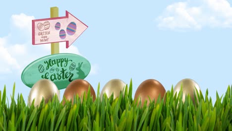 animation of easter eggs in grass and happy easter and egg hunt text on boards over blue sky