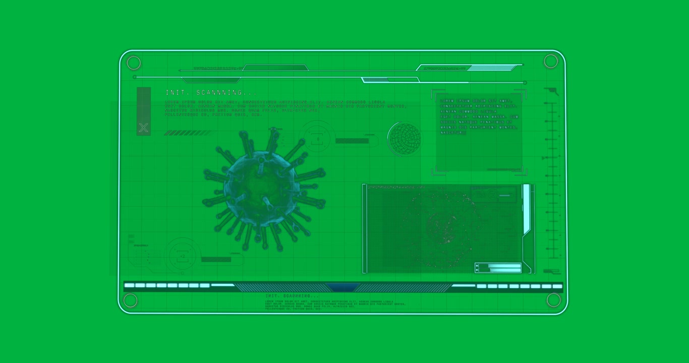 Animation einer COVID-19-Zelle und medizinischer Datenverarbeitung auf dem Bildschirm.