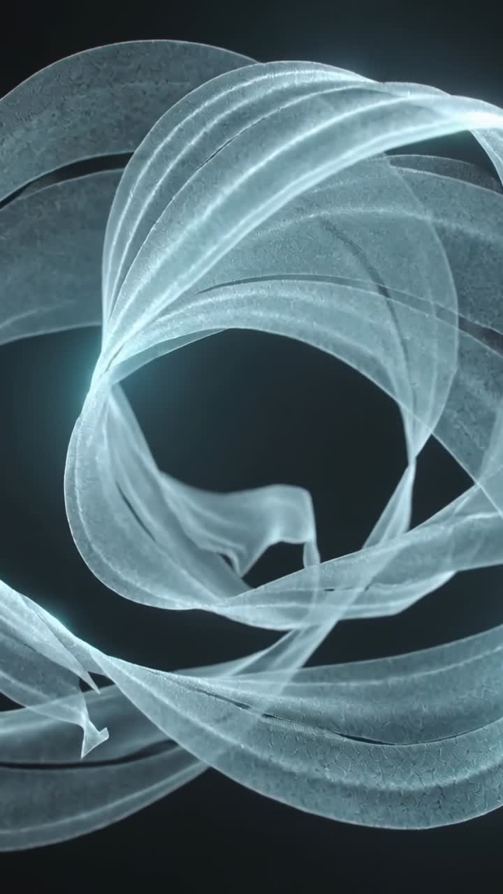 Vertical video: Translucent ribbon spiraling into tunnel, glow pulsing, algorithm driving tech demo