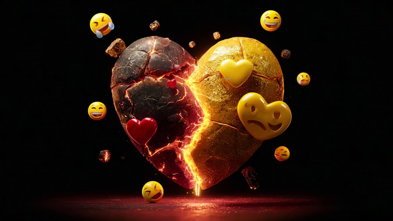 Exploring Emotional Conflict: A Symbolic Representation of a Cracked Heart Radiating Mixed Feelings and Emojis Signifying Turmoil Between Joy and Sadness in Relationships