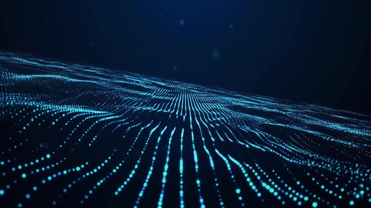 Sfondo astratto con movimento di onde di particelle digitali blu