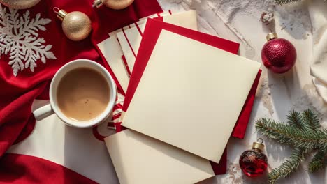 modelo de tarjeta de navidad con taza de café, adornos rojos y dorados y ramas de pino sobre un fondo blanco