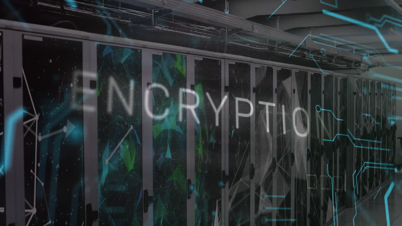 Encryption text animation over server racks in data center environment