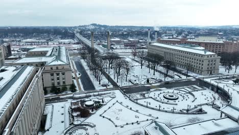 Pennsylvania-state-capitol-grounds-and-complex-covered-in-snow-during-cold-winter-in-Harrisburg