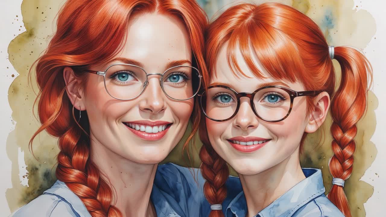 Posing mother resting arm around daughter in painted set with matching blue shirts and eyeglasses
