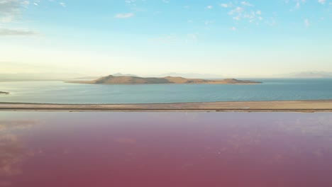 Aerial-View-of-Pink-Lagoon-and-Great-Salt-Lake,-Utah,-USA