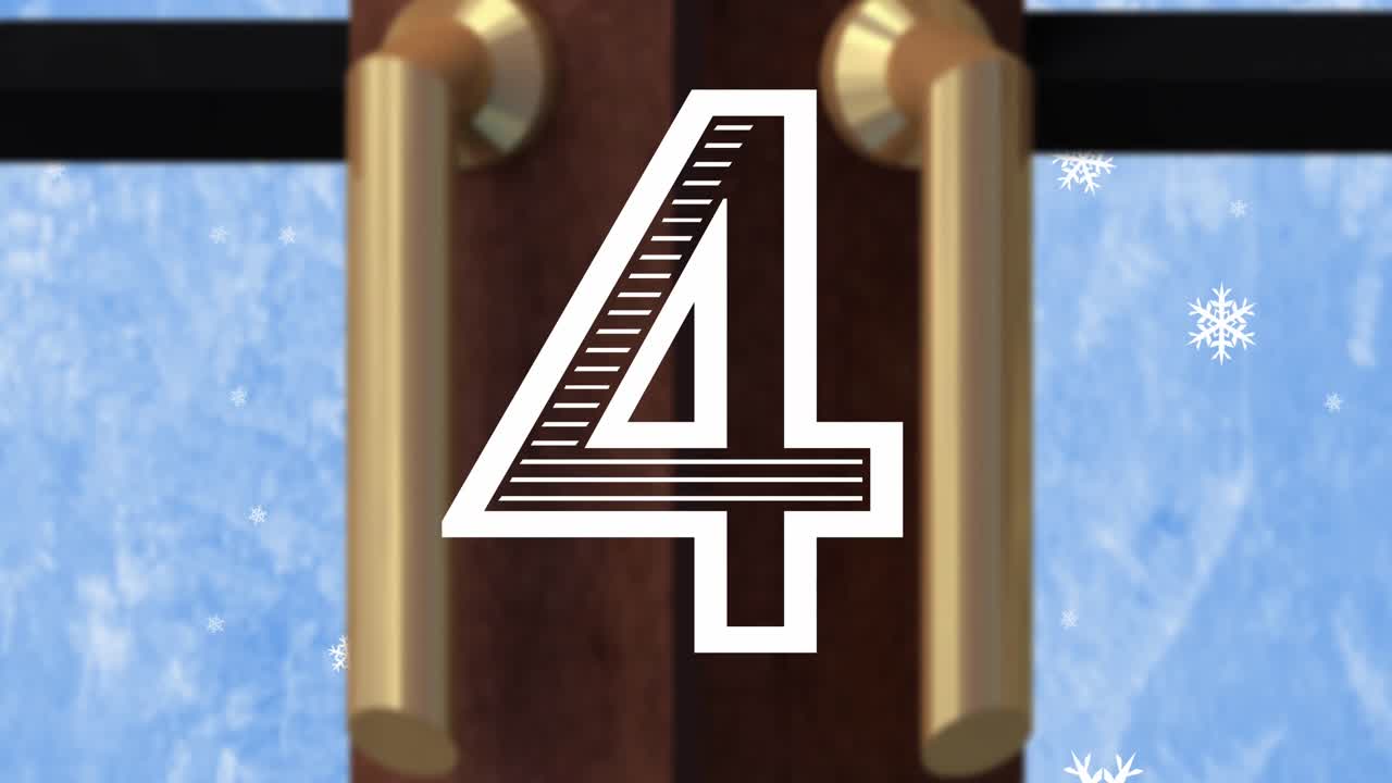 cuenta atrás sobre el árbol de navidad y el marco de la ventana contra los copos de nieve flotando sobre un fondo azul