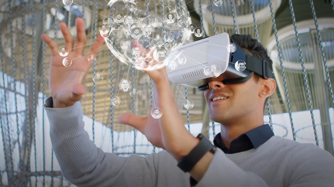Animasi ikon orang dengan globe di atas pebisnis pria birasial yang menggunakan headset VR