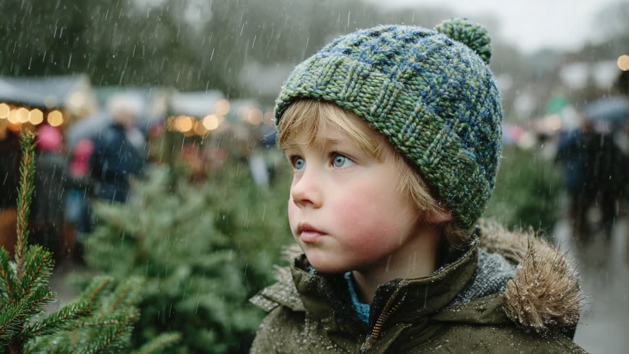 A Young Boy's Wonder Amidst a Snowy Market Scene, Capturing the Spirit of Winter with Festive Atmosphere and Enthralling Experiences in the Great Outdoors
