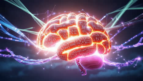 abstract glowing brain with mathematical formulas and digital connections