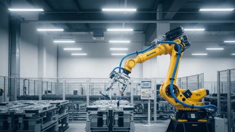 advanced industrial robot arm operating in a manufacturing facility, showcasing precision and automation in assembly line processes