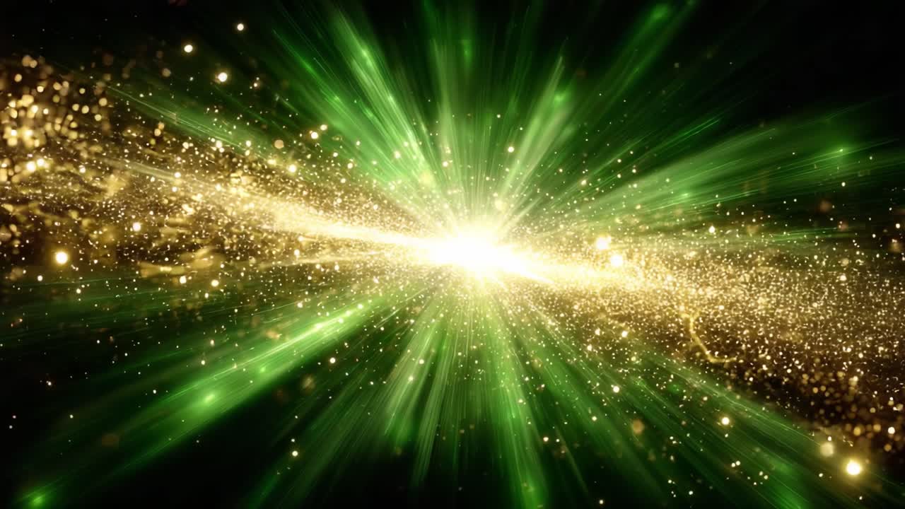 An Explosive Celestial Event: A Stunning Display of Golden Particles and Green Cosmic Energy Emanating from a Central Point in a Spectacular Cosmic Scene