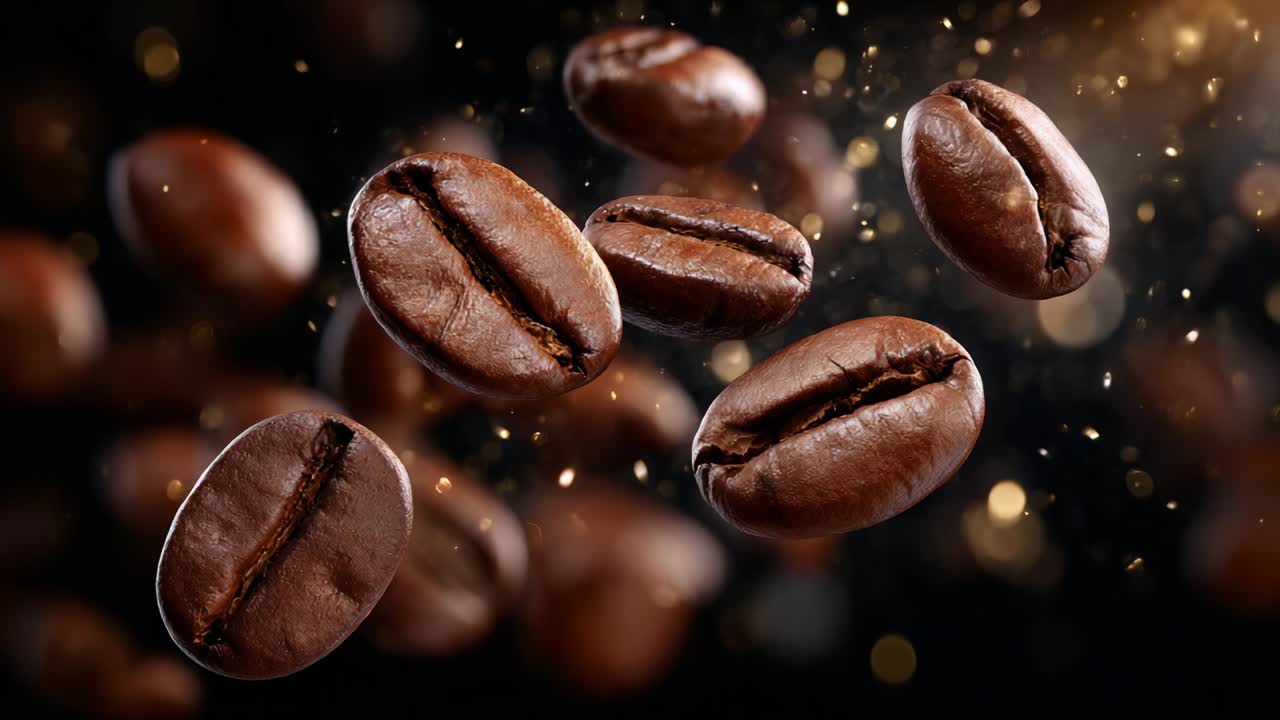 A breathtaking visual of flying coffee beans captured in a stunning display, illustrating the rich texture and deep color of freshly roasted coffee beans as they ascend against a blurred backdrop filled with soft highlights