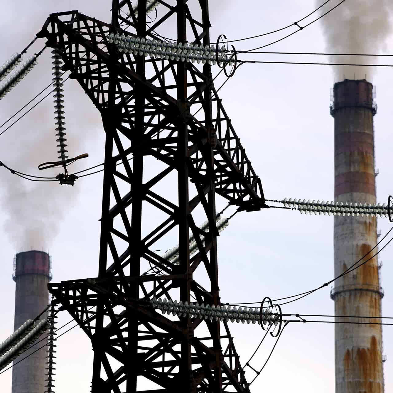 Dark factory pipes against electrical pylons. Factory pipes with smoke. Dirty smoke pours out of chimneys into the air. Aerial view video