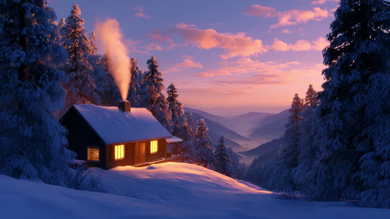 A Cozy Winter Cabin Surrounded by Snowy Pines, Exuding Warmth and Light Against the Twilight Horizon, Offering a Serene Retreat in Nature's Embrace as Soft Clouds Grace the Evening Sky