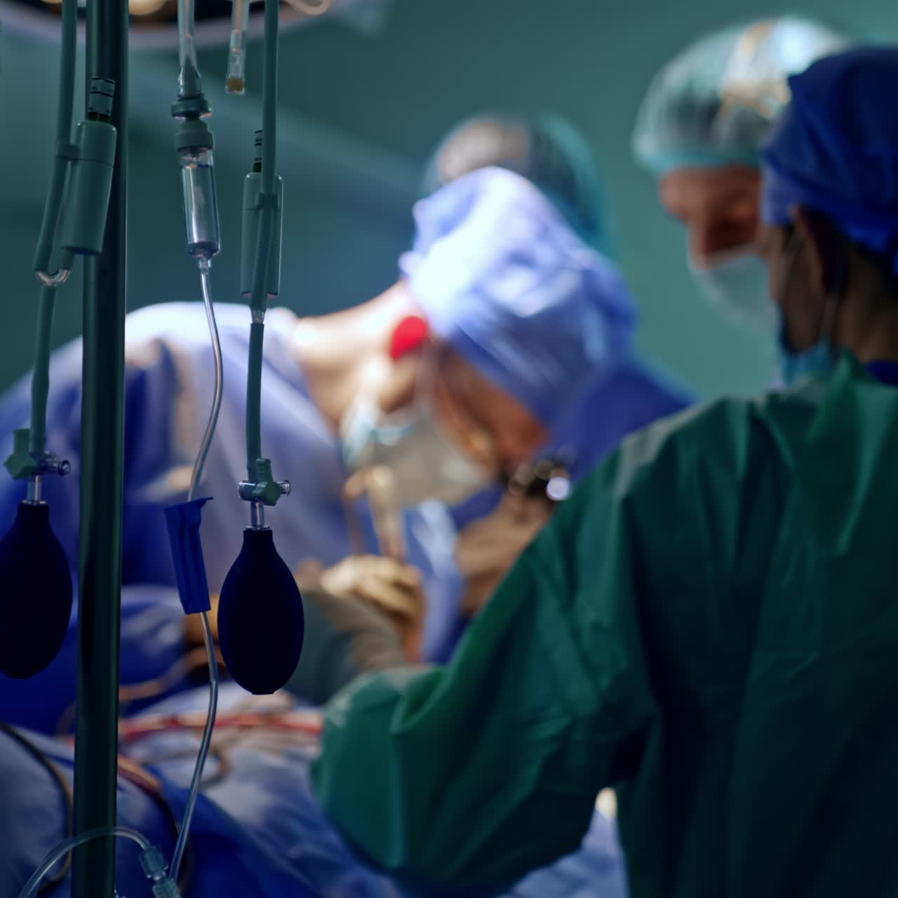 To drop-tællere fastgjort til en patient under operation. Et hold af læger udfører neurokirurgi i baggrunden i sløring