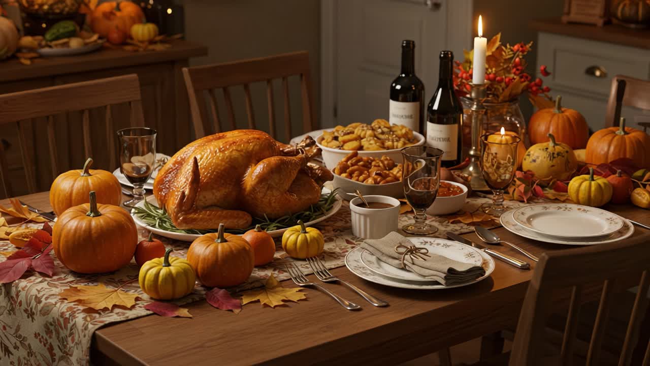 A Festive Thanksgiving Dinner Table with Roasted Turkey and Autumn Decorations