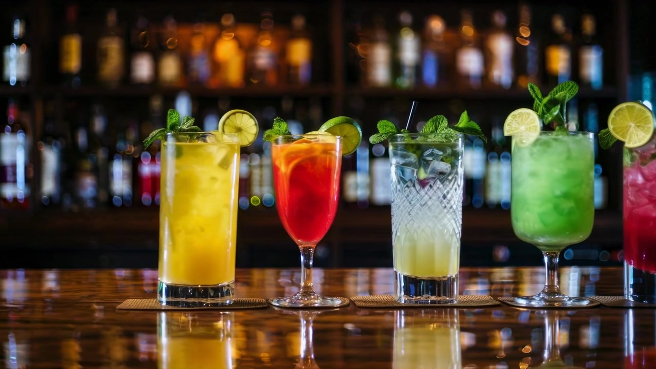 Fileira de Coquetéis Coloridos em um Balcão de Bar