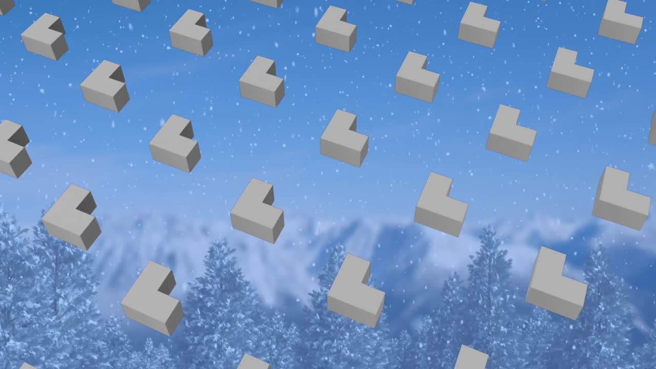 추상적인 모양의 행의 애니메이션 패턴과 겨울 풍경에 떨어지는 크리스마스 눈