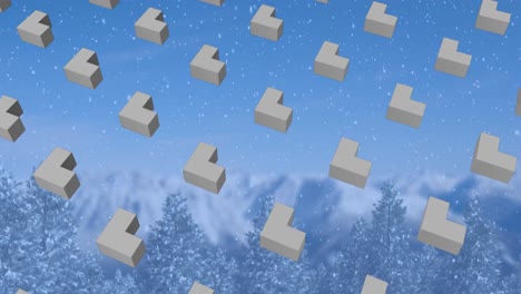 animación de filas de formas abstractas patrón y nieve de navidad cayendo sobre el paisaje de invierno