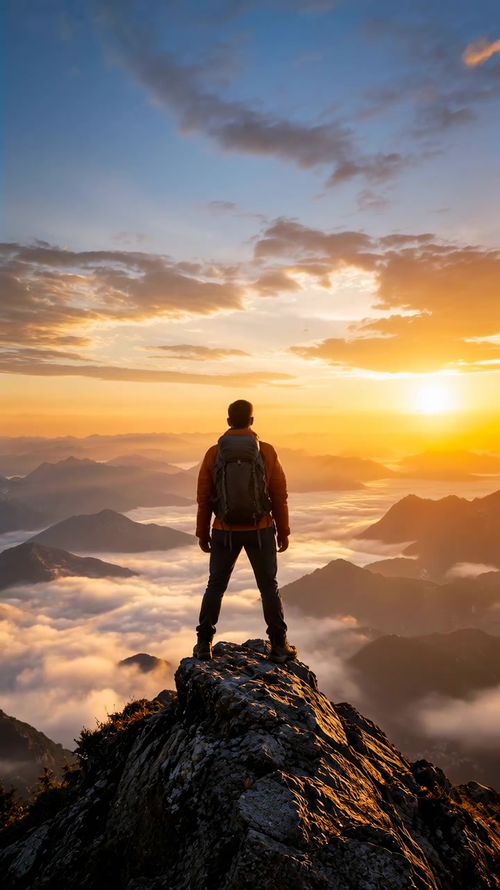 Escursionista maschio bianco sulla cima all'alba, in piedi con le braccia distese sopra un mare di nuvole, con lo zaino in silhouette.