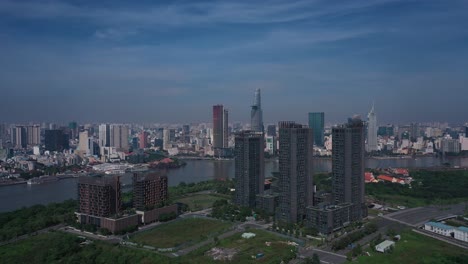 aerial panorama vietnam, ho chi minh city skyline panorama on sunny clear day featuring architecture, saigon river and cruise ship