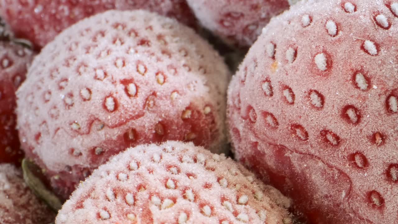 Extreme closeup of fresh frozen strawberries, Rotation 360 degrees, Close-up