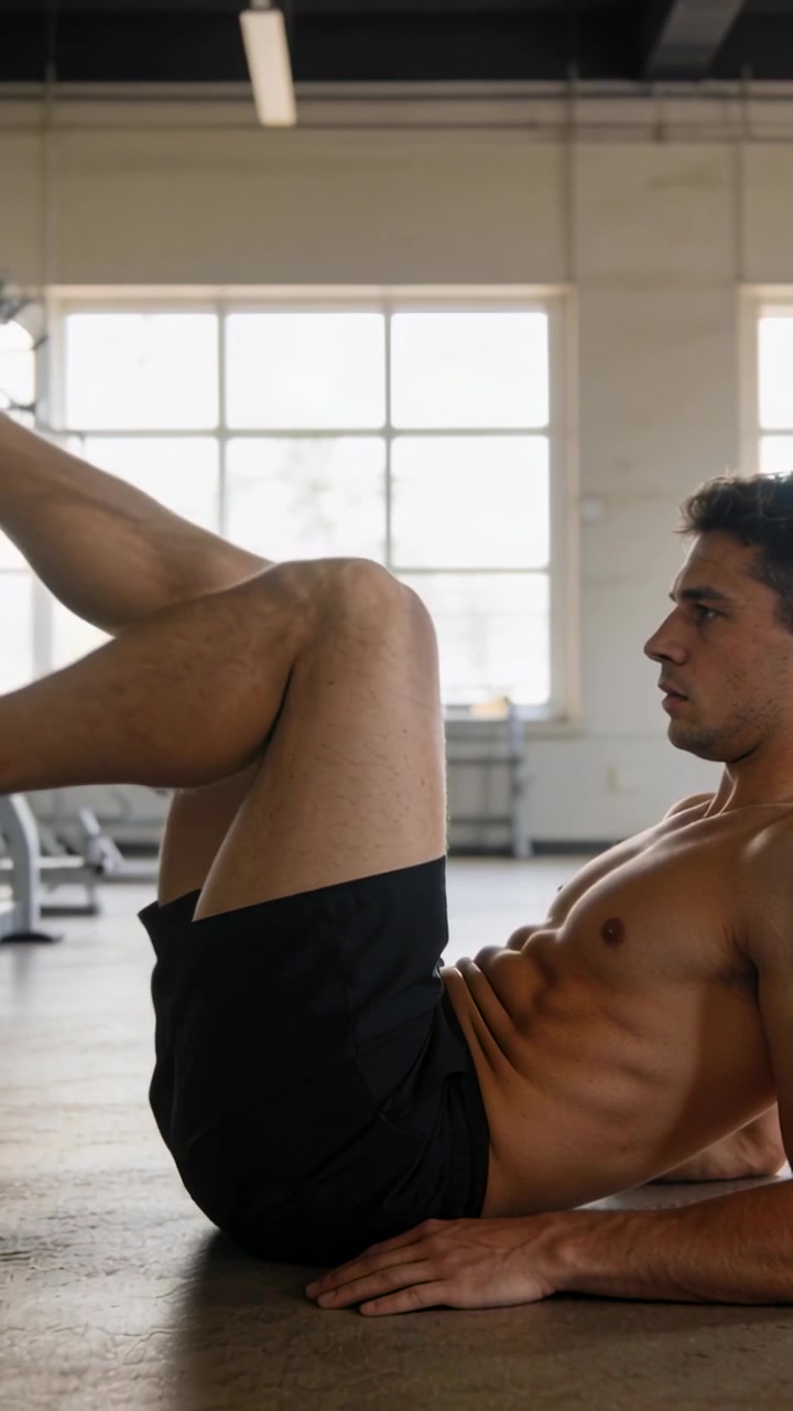 Video verticale: Uomo a torso nudo che esegue un crunch a bicicletta sul pavimento della palestra per gli addominali, con le mani appoggiate, spazio per il testo.