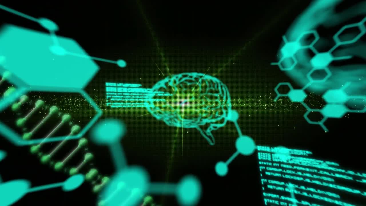 animación del hilado de cadenas de adn, cerebros humanos y procesamiento de datos