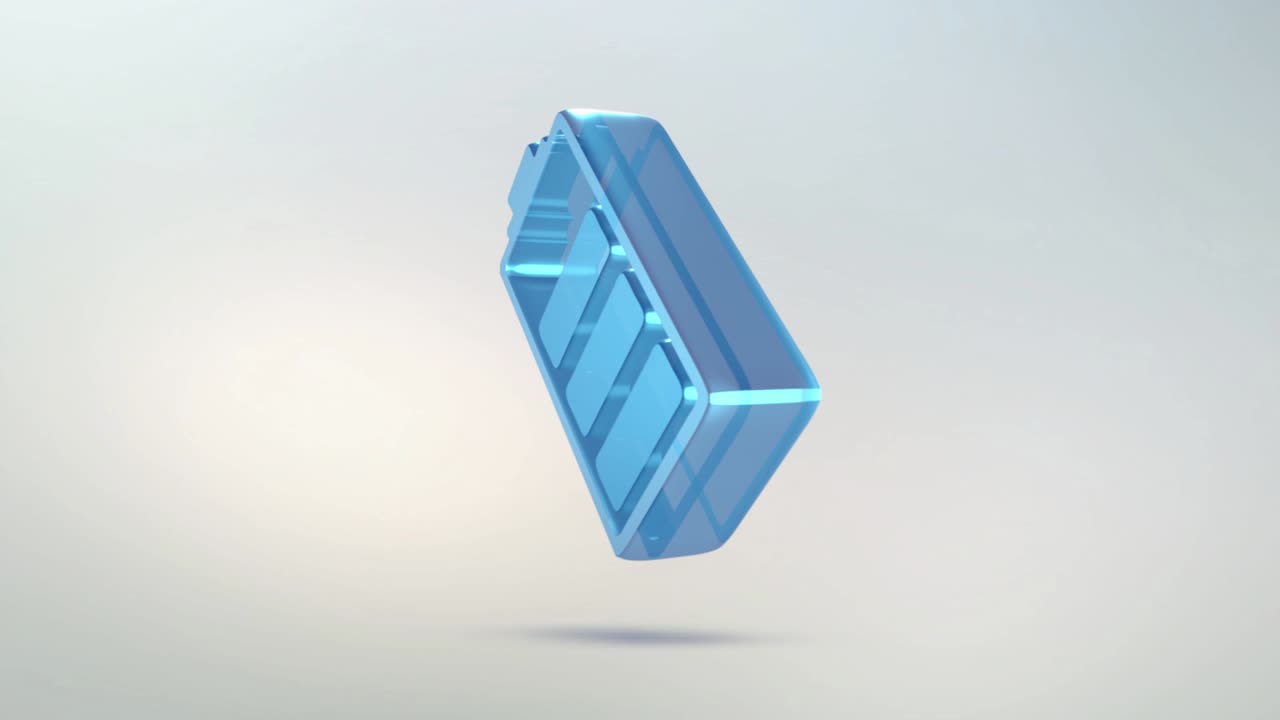 유리로 만든 배터리 아이콘: 알파 채널과 함께 투명하게 회전하는 배터리 충전 기호